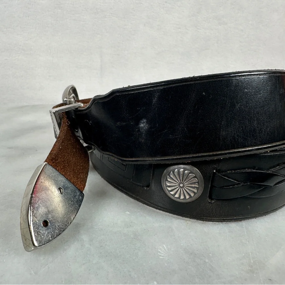 Black Leather Belt western Silver Buckle concho southwestern cowboy cowgirl boho